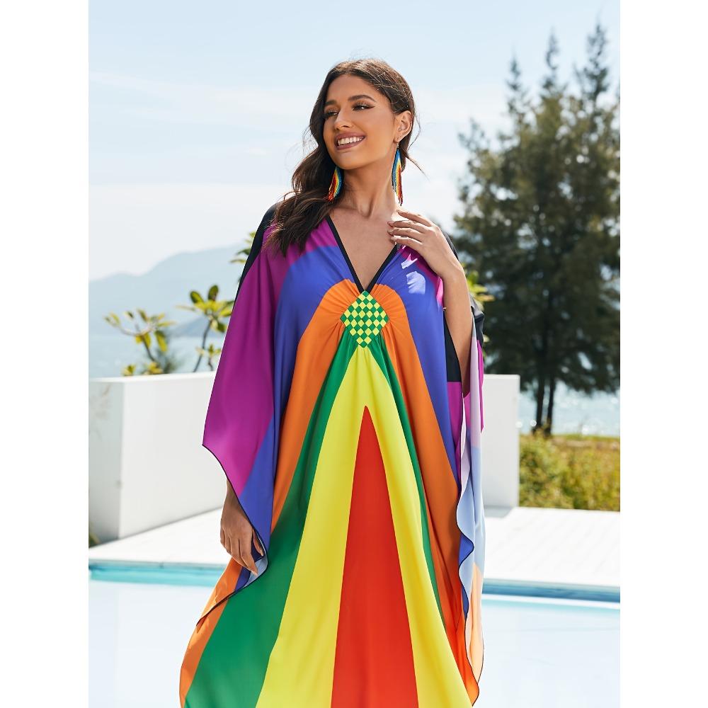 Women's Boho Cover Up, Plus Size Rainbow Colorful Braided Detail V Neck Batwing Sleeve Maxi Beach Kaftan Dress