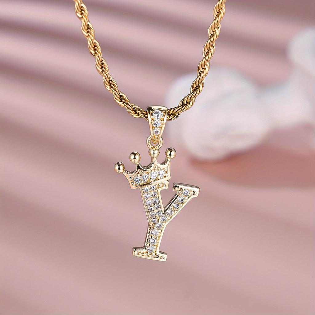 1 Pc Golden Color 26 English Letter Princess Crown Necklace Pendant Wedding Band Jewelry Valentine's Day Gift