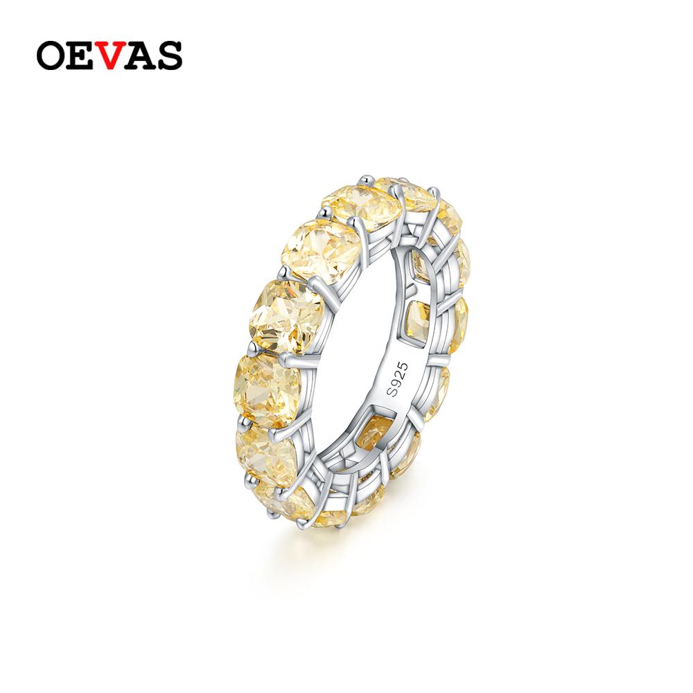 OEVAS Full 5*5mm High Carbon Diamond Wedding Rings S925 Silver Plated Gold for Women Eternity Ring Party Fine Jewelry Gift