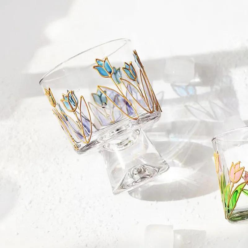 Křišťálový skleněný hrnek s rukojetí, trojrozměrně malovaný hrnek na červené a bílé víno, kreativní sklenice na kávu s motivem sněhové hory a tulipánu