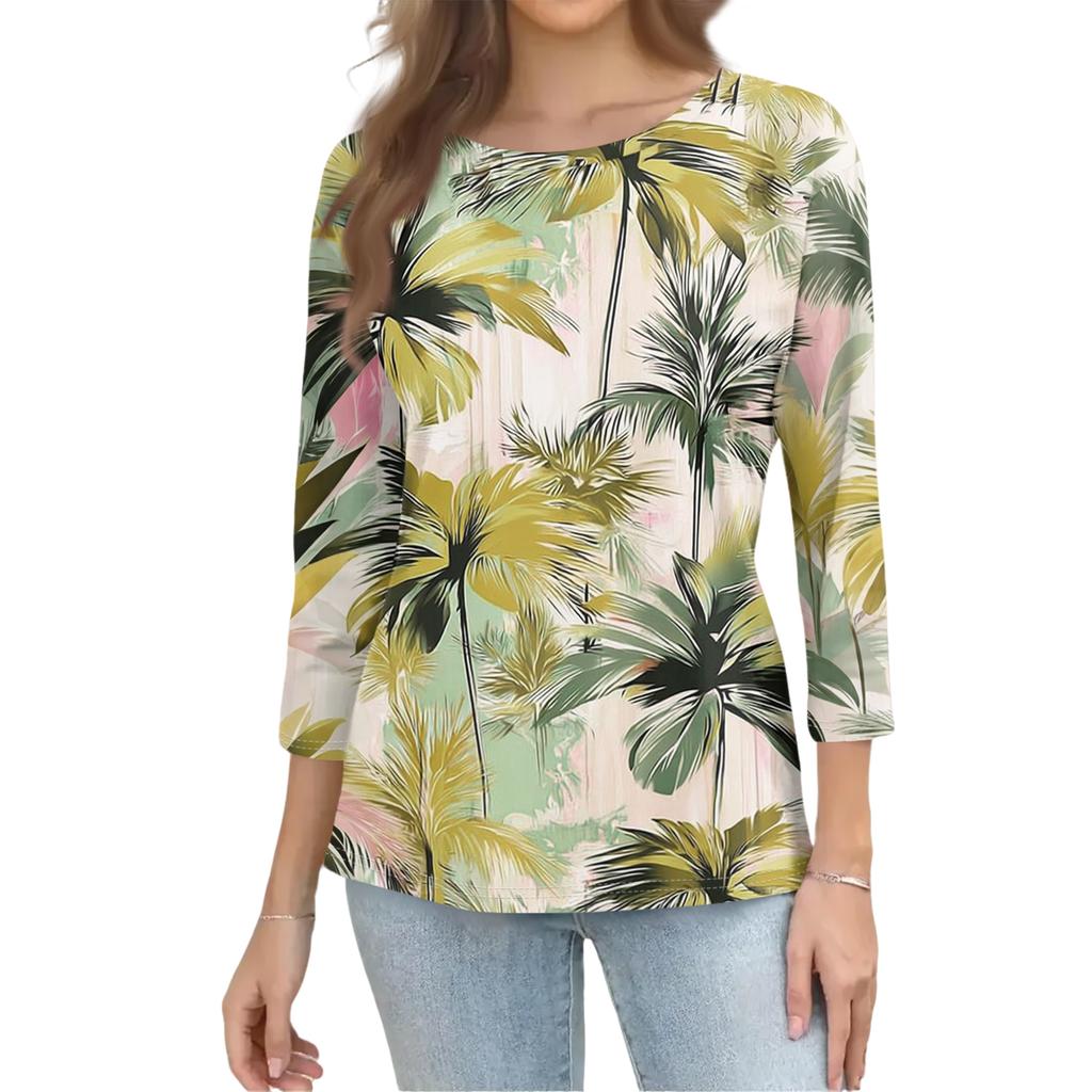 Women's Fashionable Casual Round Neck Three-Quarter Sleeve Printed T-Shirt Top