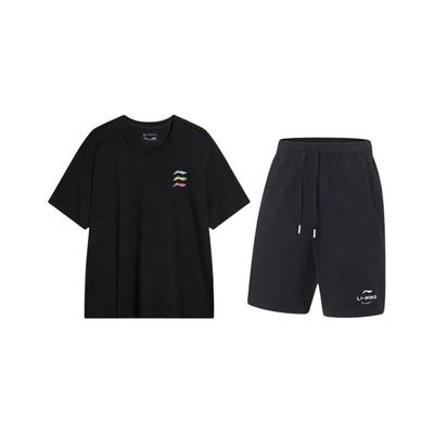 Li Ning Logo Print Simple Cool Versatile Round Neck Pullover Short Sleeve T-Shirt Casual Sports Set Unisex Tops YHSV371-1+AKST543-3