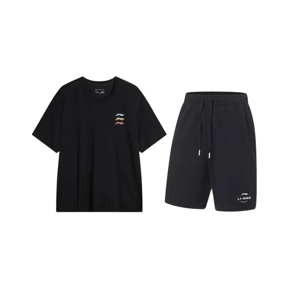 Li Ning Logo Print Simple Cool Versatile Round Neck Pullover Short Sleeve T-Shirt Casual Sports Set Unisex Tops YHSV371-1+AKST543-3