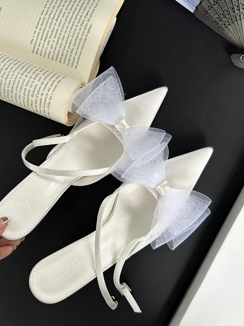 

fashion Sexy Women Sandals Pointed Toe Summer Dress Shoes Black White Silver Back Strap Bow Design Size 35-39 Thin High Heels Sandals 7.5 белый