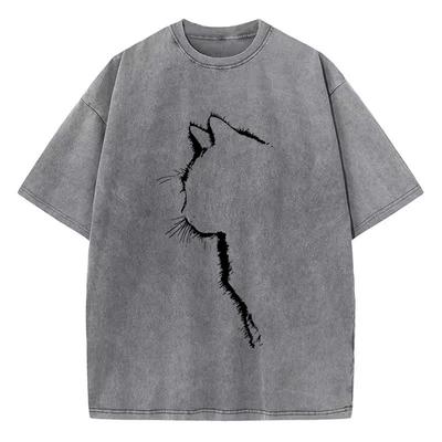 T Shirt Vintage Washed Cotton T-Shirt Retro Cat Graphic Tee Casual Streetwear for Spring Summer Top Tee