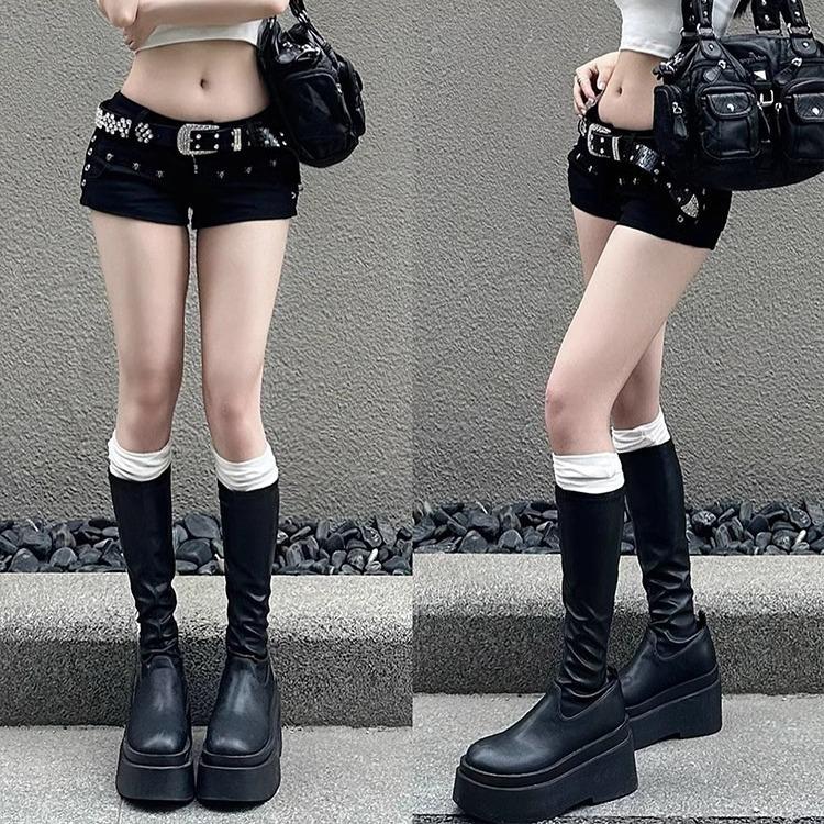 Grape mother, the same Maillard autumn and winter knight boots, the thick sole is increased, but the knee is thin, retro versatile high boots