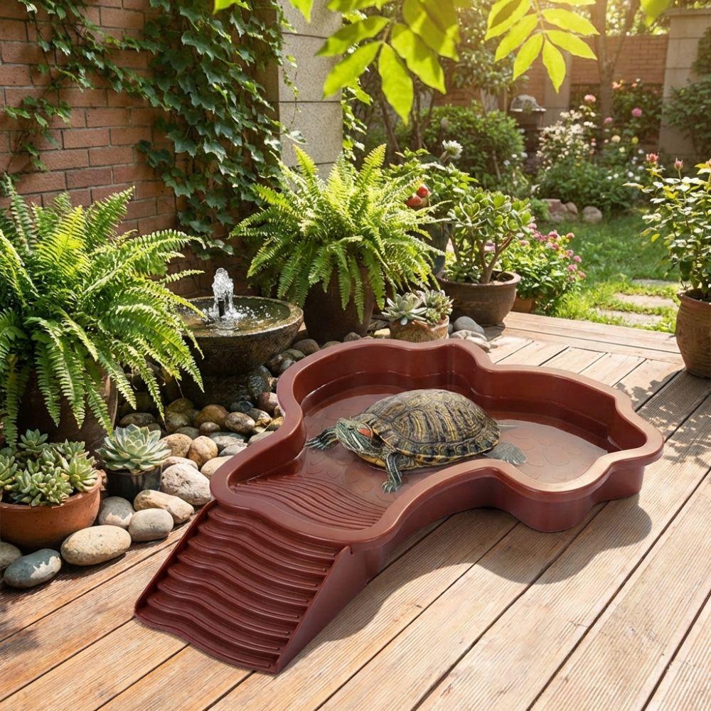 Anti-Slip Base Reptile Bathing Pool with Ramp Imitation Rock Ladders Turtle Soaking Tub Wear Resistant Plastic Turtle Bath Basin