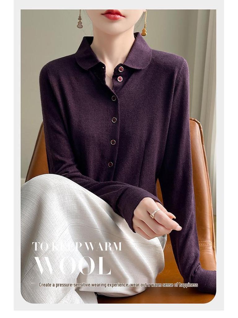 2025 Early Autumn Merino Wool Polo Collar Knit Cardigan, Long Sleeve Solid Color, Loose Fit Versatile Shirt