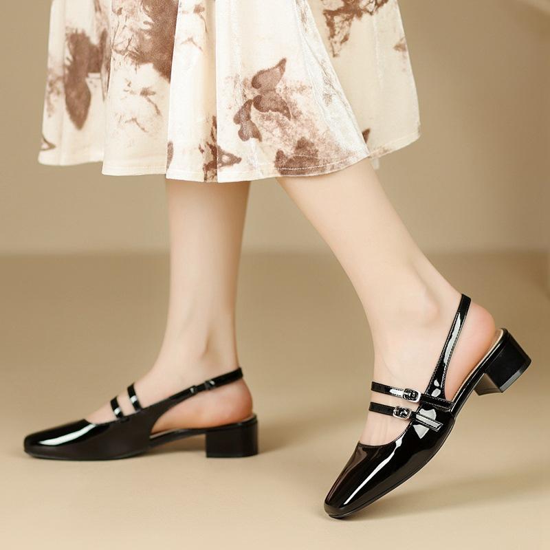 Baotou Mary Jane Shoes French Retro Single Shoes Square Toe Back Empty Thick-heeled Sandals