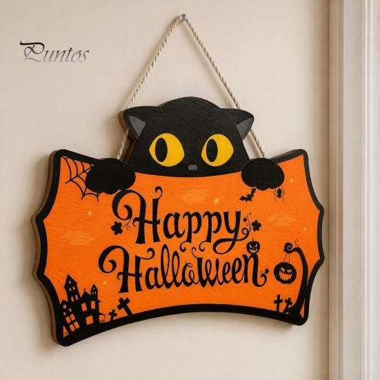 Halloween Yard Hanging Signs Wooden Door Plaque, Printed Black Cat Pumpkin Castle Spider Web Front Creative Gifts Sign, Waterproof Ornament for Indoor