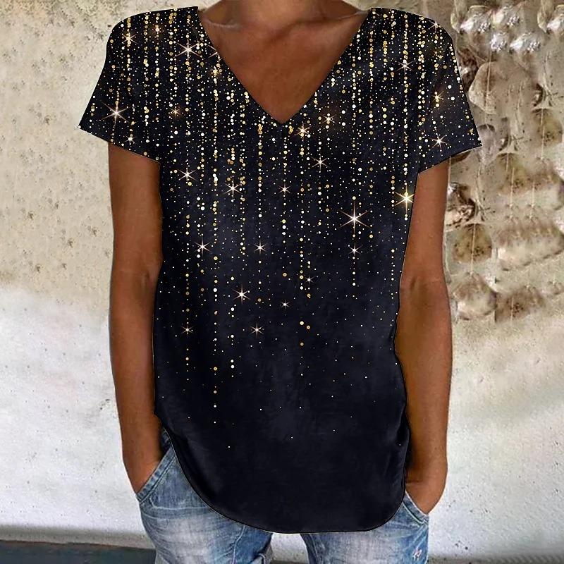 Women's T-shirt with Yellow Pink Blue Polka Dot Print Short Sleeved Casual Daily Rock V-neck T Shirts