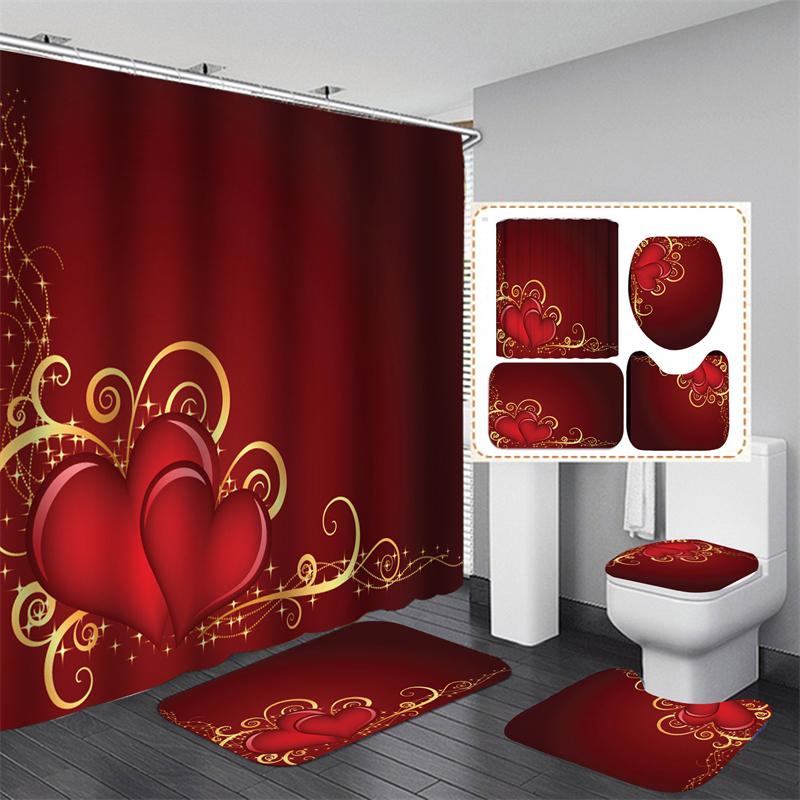 Valentine's Day Bathroom Bathing Waterproof Shower Curtain Home Entrance Doormat Bathtub 4Pcs Set Toilet Seat Cover Rugs Bath Non-Slip Floor Mat Love