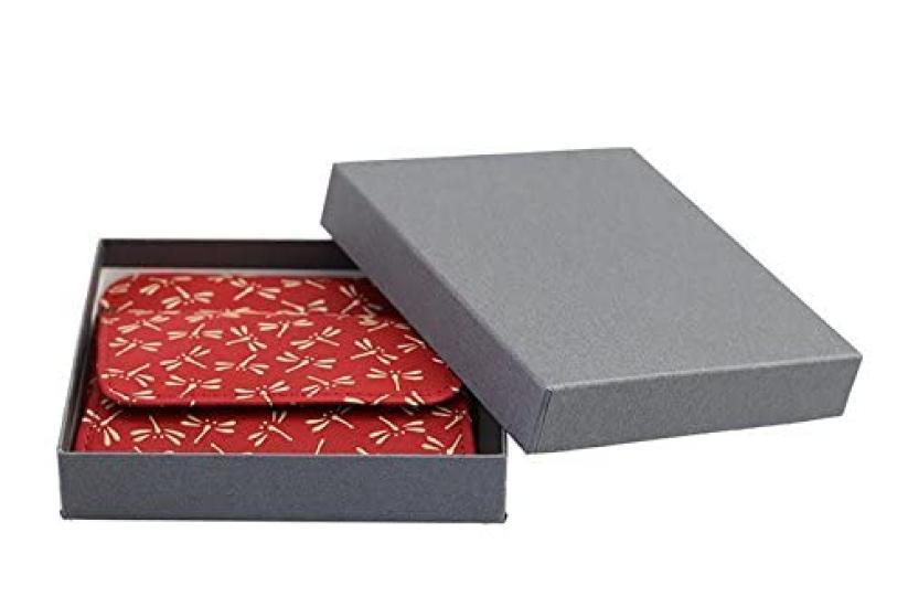 Inden Yushichi Uehara Genuine Leather with Card Coin Purse with Four Sides Model Number Red Background X White Dragonfly Genuine Made In Japan