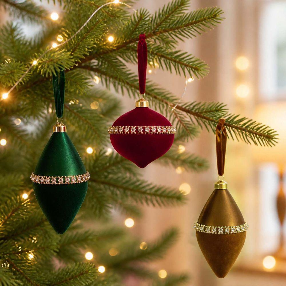6Pcs Onion Shaped Rhinestone Christmas Bauble Flocked Xmas Tree Pendant Holiday Party