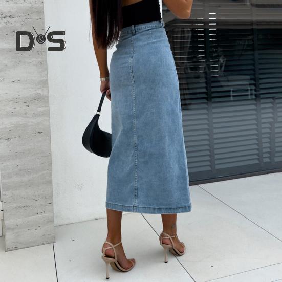 Women Denim Skirt High Waist Buttons Placket Solid Color Midi Skirt Irregular Slit Design Mid-calf Length Skirt
