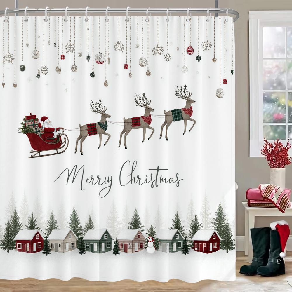 Christmas Elk Shower Curtain With 12 Hooks for Bathroom, Reindeer Bath Curtain With Xmas Lamps, Deer Balls for Holiday Decor
