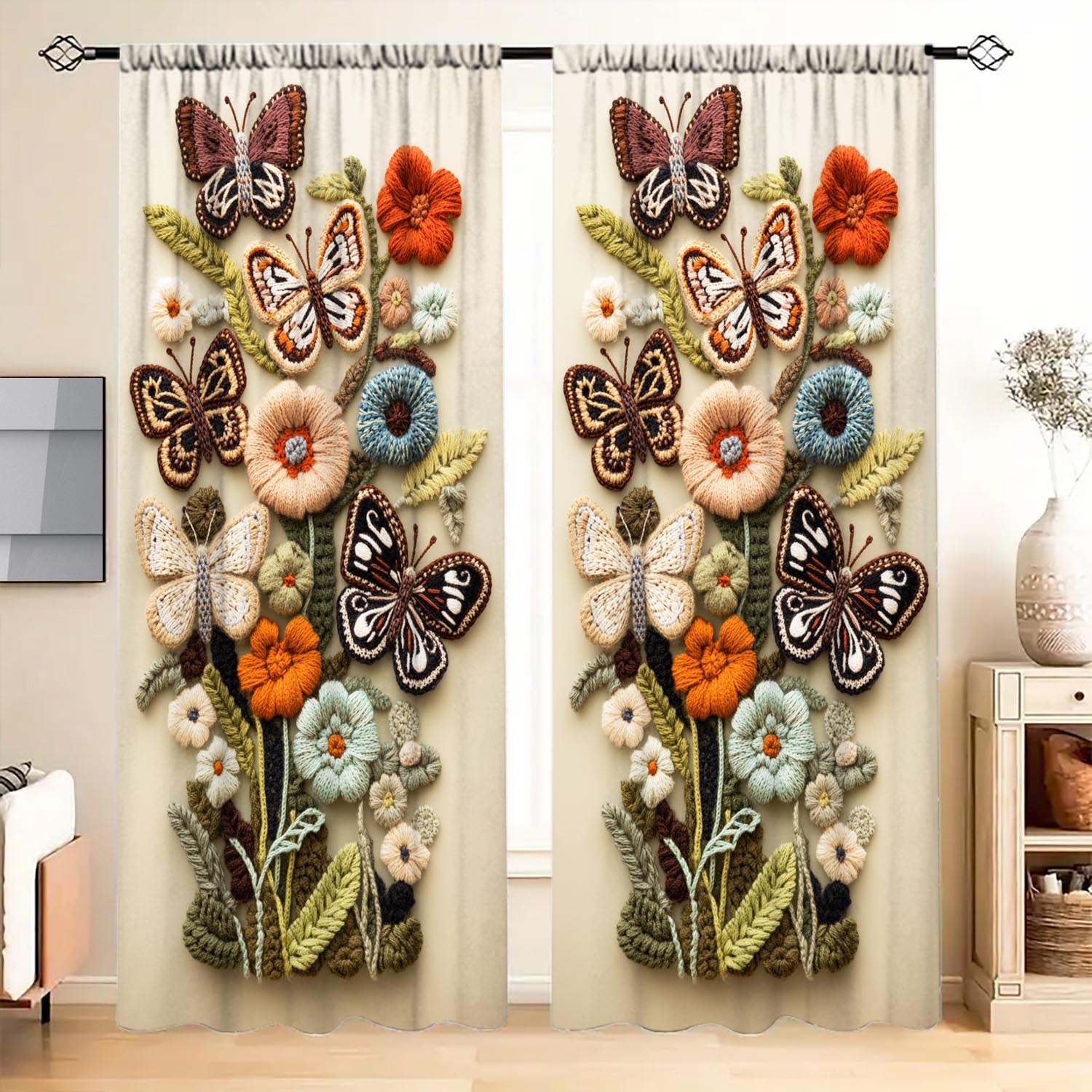 

Panels European Three Dimensional Embroidery Flower Butterfly Decorative Curtains Home Decor Living Room Bedroom Curtain Polyester Washable Area Ready W100*H70(CM)-Grommet top&1PCS