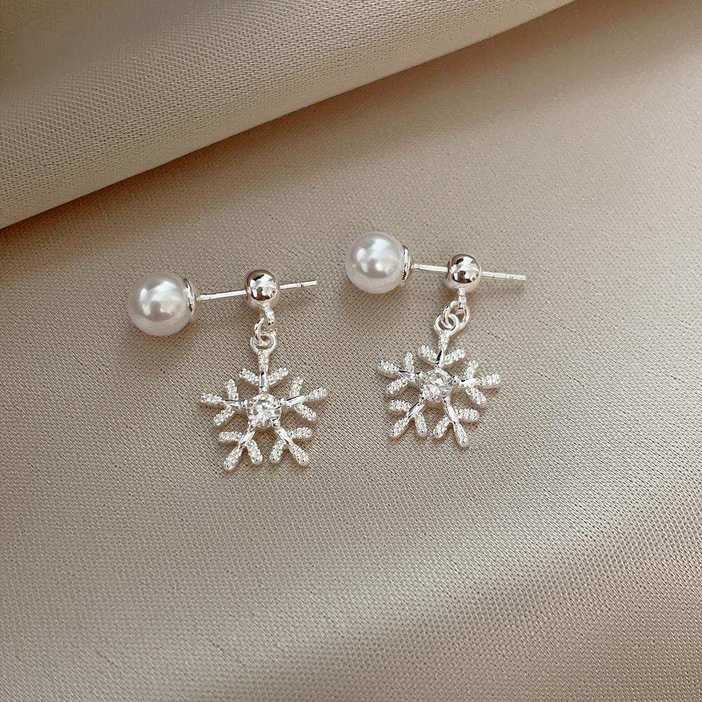Silver needle inlaid zircon snowflake pearl stud earrings exquisite niche temperament versatile earrings earrings