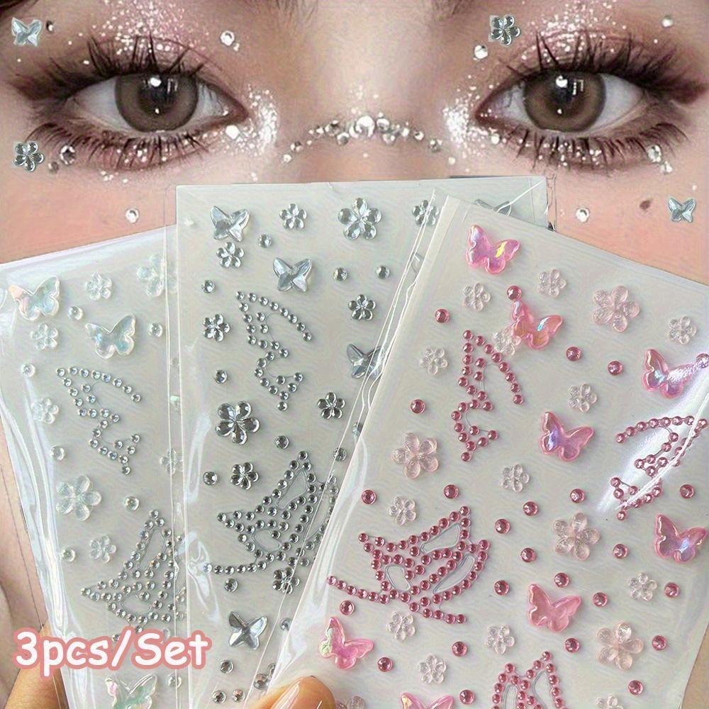 1set/3pcs Colorful Rhinestone Butterfly Flower Patch, Facial Jewelry Patch, Eye Rhinestone Jewelry for Fashion Accessories