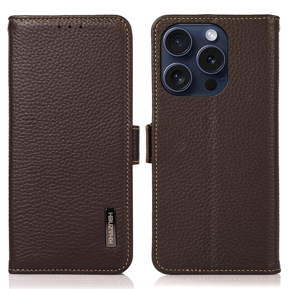 

KHAZNEH For iPhone 16 Pro Max Wallet Case Genuine Cow Leather Phone Cover RFID Blocking Brown