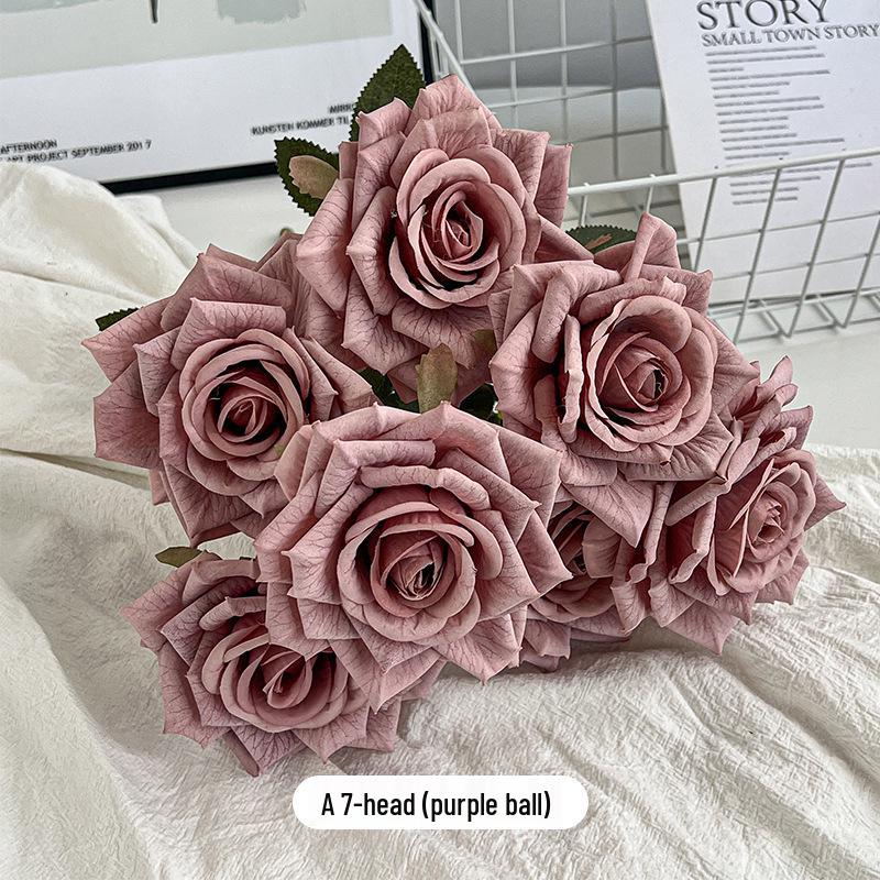 7-Head Embossed Cappuccino Rose Bouquet: Artificial Wedding Car Decoration with High-End Feel