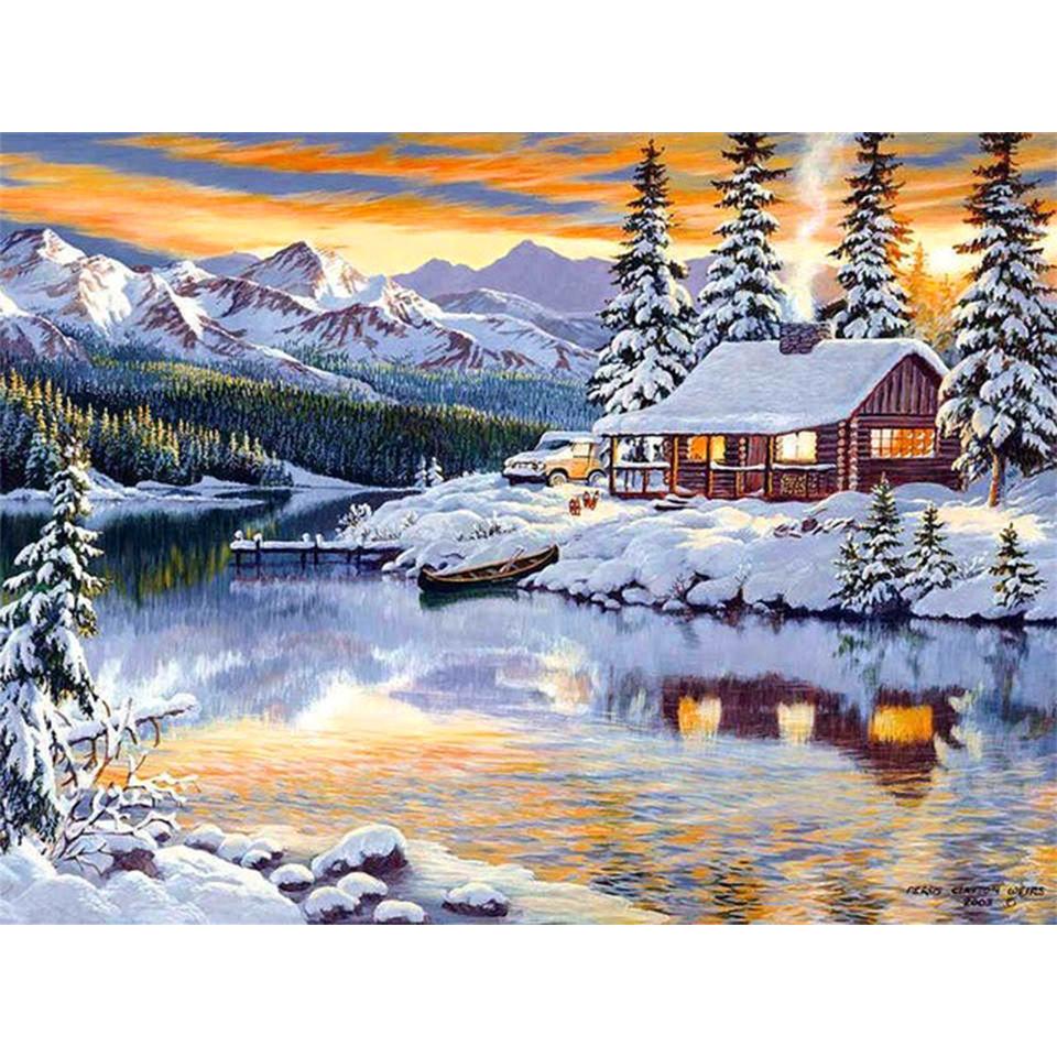 5D DIY Diamond Painting Landscape Winter House Full Round Rhinestone Embroidery Cross Stitch Kit Mosaic Picture Decoration Gift
