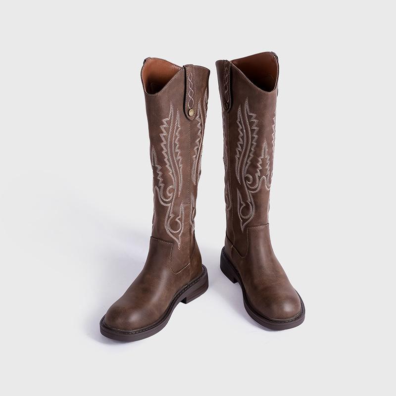 Embroidery V-mouth~ Western Cowboy Boots Women's Autumn and Winter New Rear Zipper Low Heel High Boots Retro Knight Boots