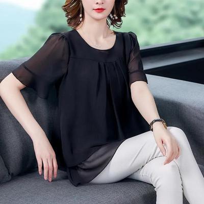 Top in chiffon Abbigliamento estivo da donna per coprire lo stomaco per mostrare T-shirt sottile a maniche corte Maglietta ampia in stile occidentale allentata di grandi dimensioni
