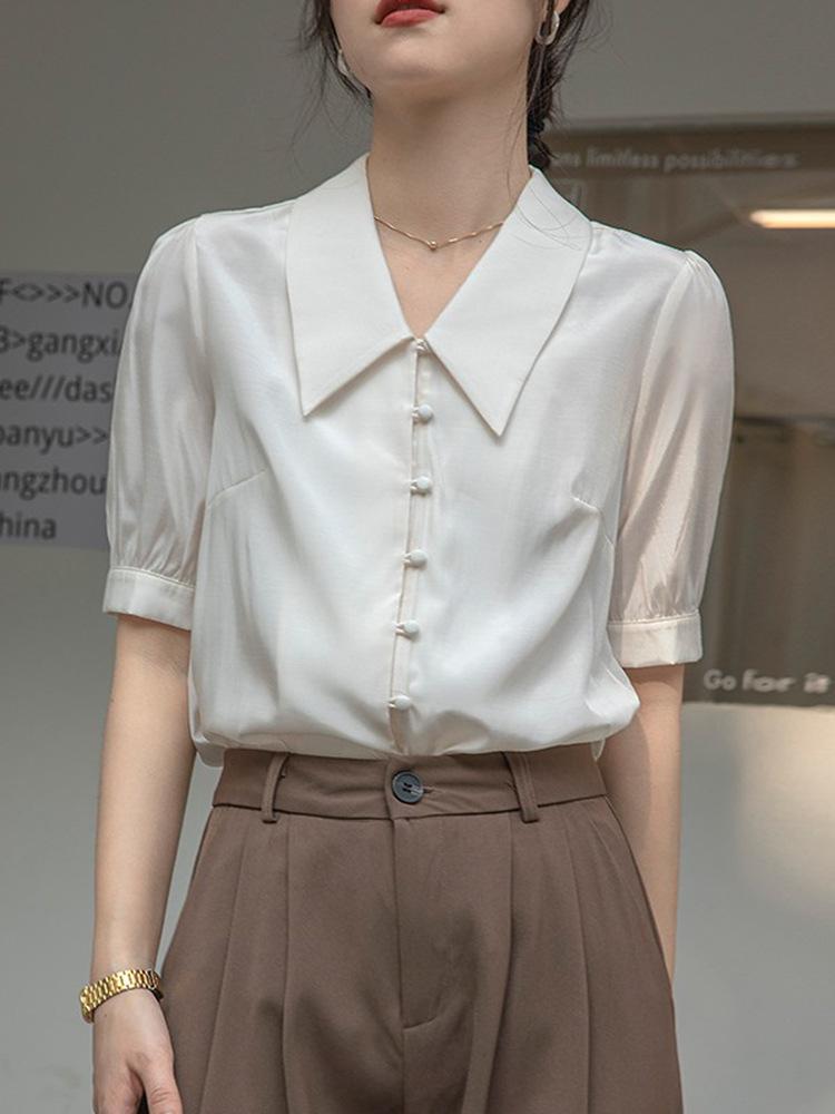 Elegant Ladies Shirts French White Shirt Female Short-sleeved Design Sense Niche V-neck Satin Blouse Summer Temperament Professional Commuter Shirt
