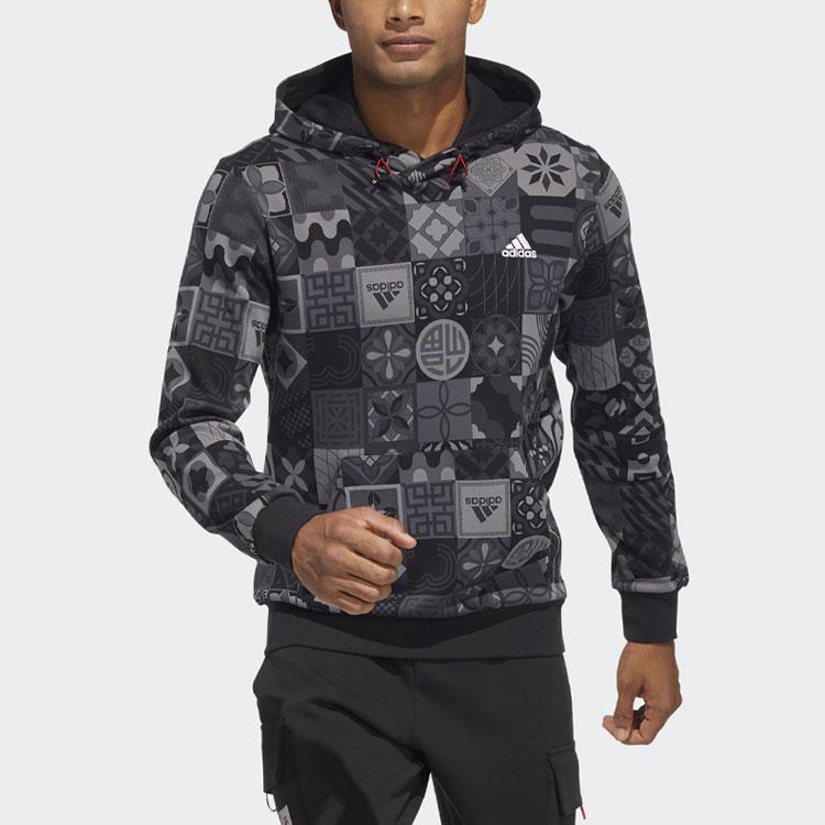 adidas Originals CNY AOP Full Print Hooded Pullover Fleece Sweatshirt Men Core Black HC0271