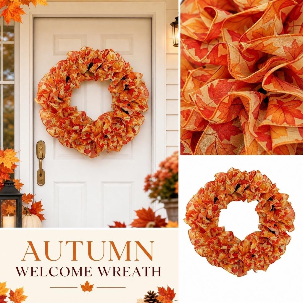 Fabric Decorative Wreath for Home Window Table Decoration Autumn Leaf Pattern Artificial Garland for Seasonal Interior Design