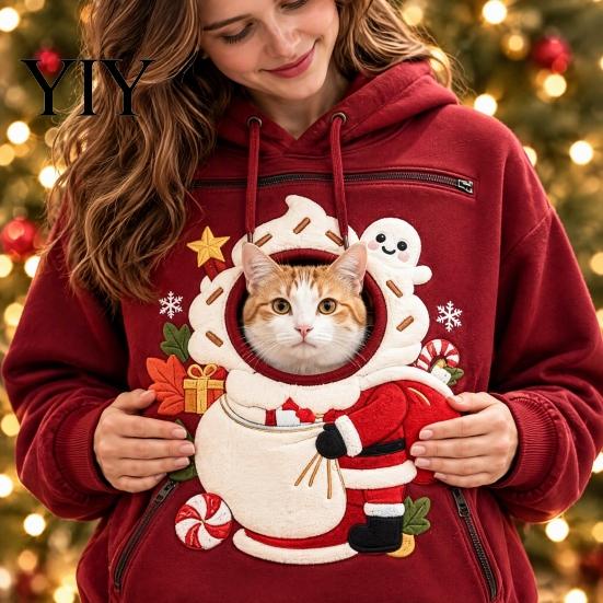 Portable Pet Carrier Apparel Unisex Pouch Christmas Hoodie, Cute Dog Cat Hooded Sweatshirt with Animal Carrying Hoodie Graphic, Cozy Fleece