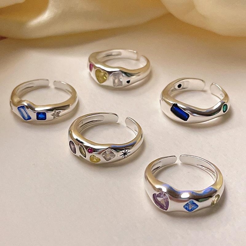 JWER Luxury Colorful Zircon Heart-Shaped Adjustable Ring for Women Retro Index Finger Elegent Crystal Ring Party Jewelry Gifts