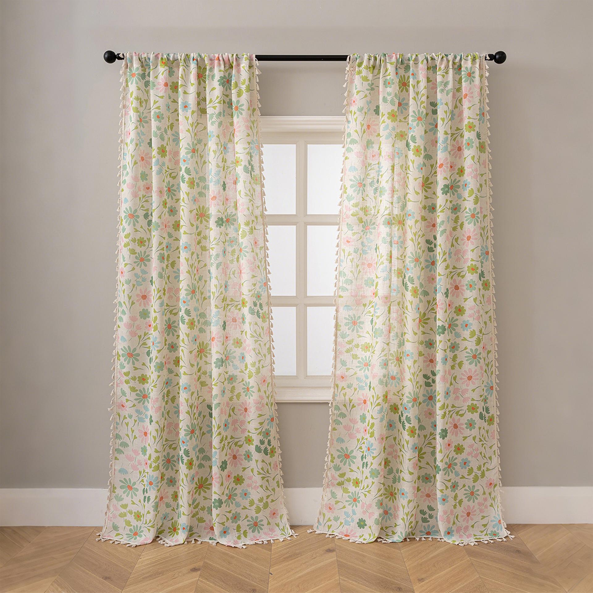 

Boho Floral Farmhouse Curtains for Living Room Semi Blackout Window Drapes with Tassel Decor Rod Pocket Curtain Panels Firanki 1PC-W132xH160cm