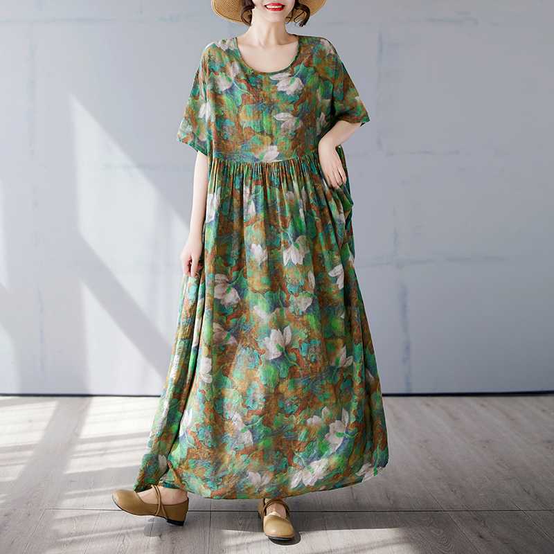 Fashionable Long Skirt Summer Short Sleeved Round Neck Printed Dress