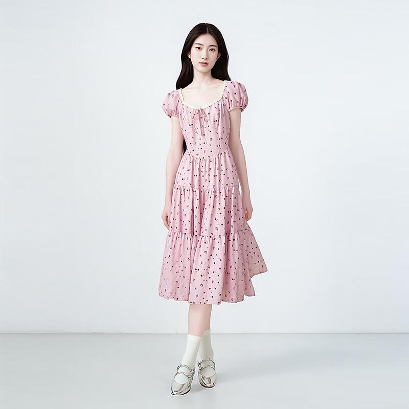 Ledin Pink Raspberry Floral Contrast French Short Sleeve Dress