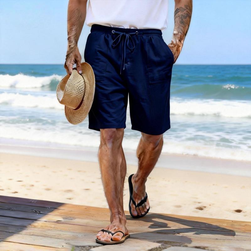Pantaloncini in Cotone e Lino Coulisse Vita Elastica Gamba Dritta Monocolore Traspiranti Quotidiani da Spiaggia Casual