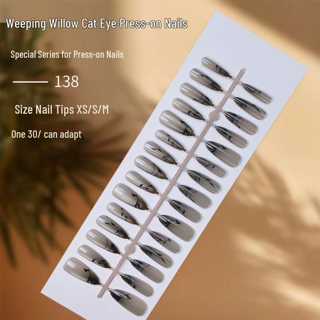 

Retro Smudge Cat Eye Nails: Weeping Willow Ink Style Wearable False Nail Art