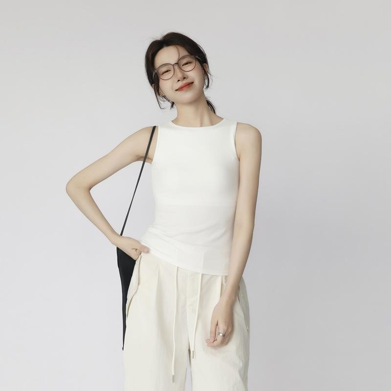 Women s One-Shoulder Sleeveless Tank with Built-in Bra, Wide Straps, Slim Fit, Camisole S (under 95 jin) белый