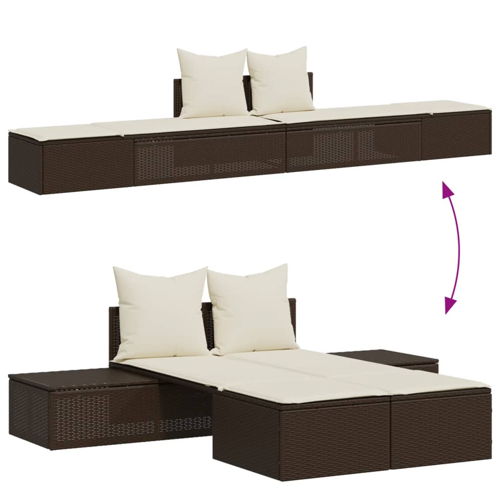 Double Sun Lounger with Cushions Brown Poly Rattan