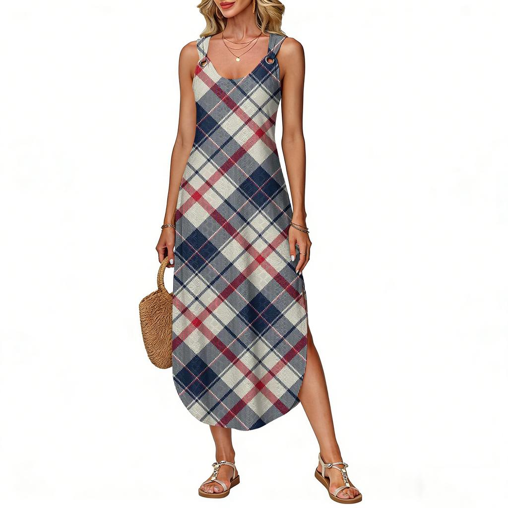 Women's Summer Long Dress, Sleeveless with Side Slits, Long Plaid Printed Vest Dress