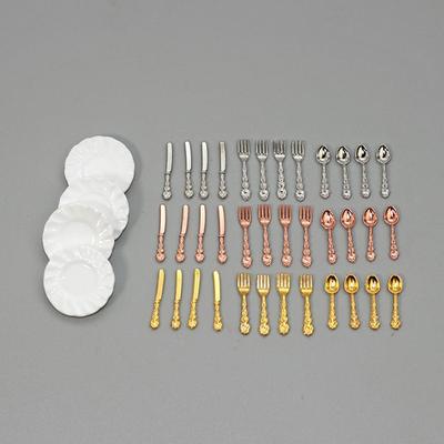 16Pcs Miniature Knife Fork Spoon Plate Tableware Dollhouse Kitchen Decoration