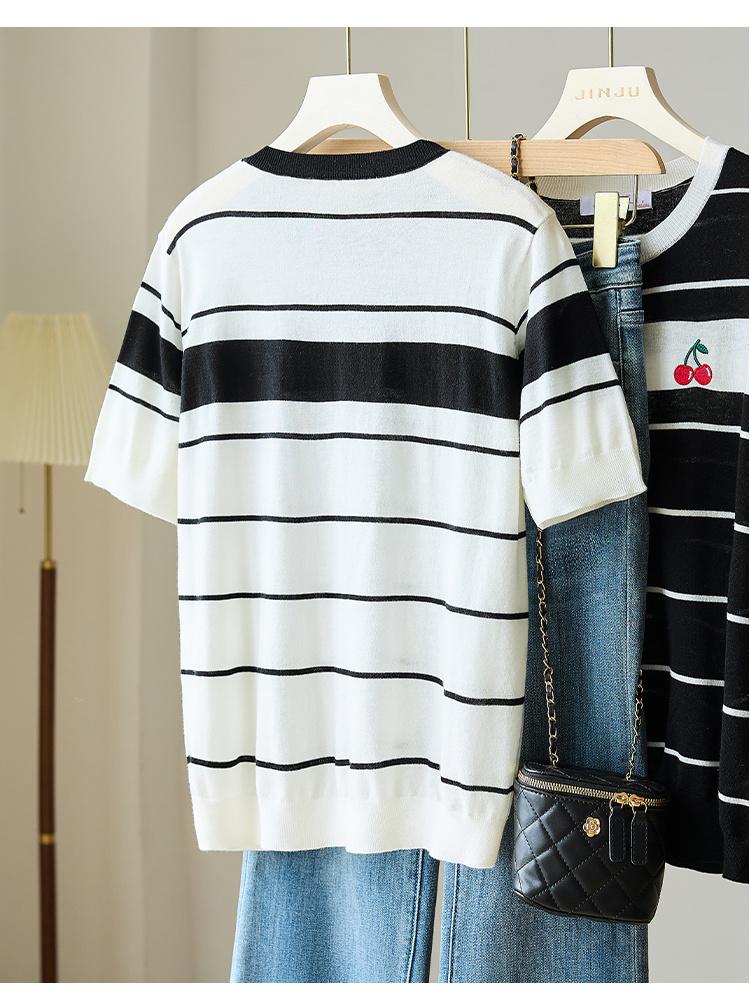 2025 New Summer Round Neck Stripe Color blocked [Cherry Embroidery] Short sleeved Knitted T-shirt Top for Women