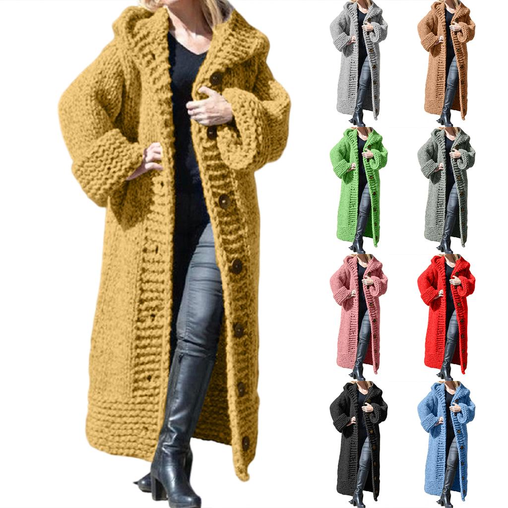 Cardigan con cappuccio da donna a tinta unita, vestibilità larga, lunghezza lunga, con bottoni a monopetto