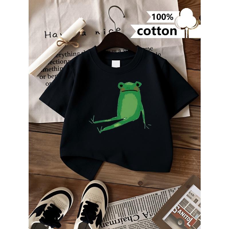 European sizes Boys T Shirt Casual Short Sleeve T-ShirtGreen Frog Sitting Pose Fun Summer Design, Regular Fit for Casual Attire, Playful Kids Fashion