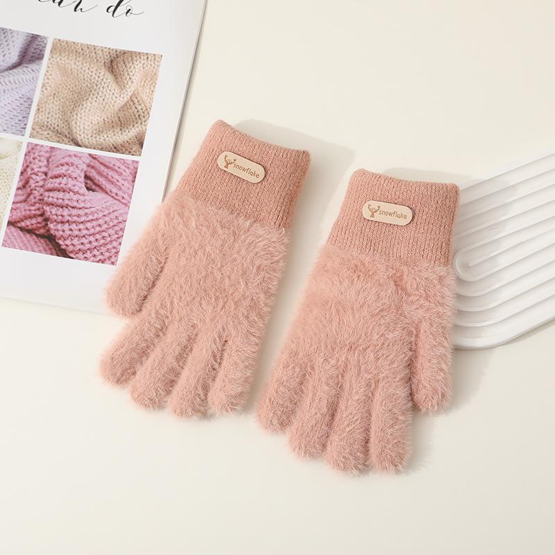 Hairy gloves female winter cute color matching plush knitted wool five fingers plush thickened cycling warm