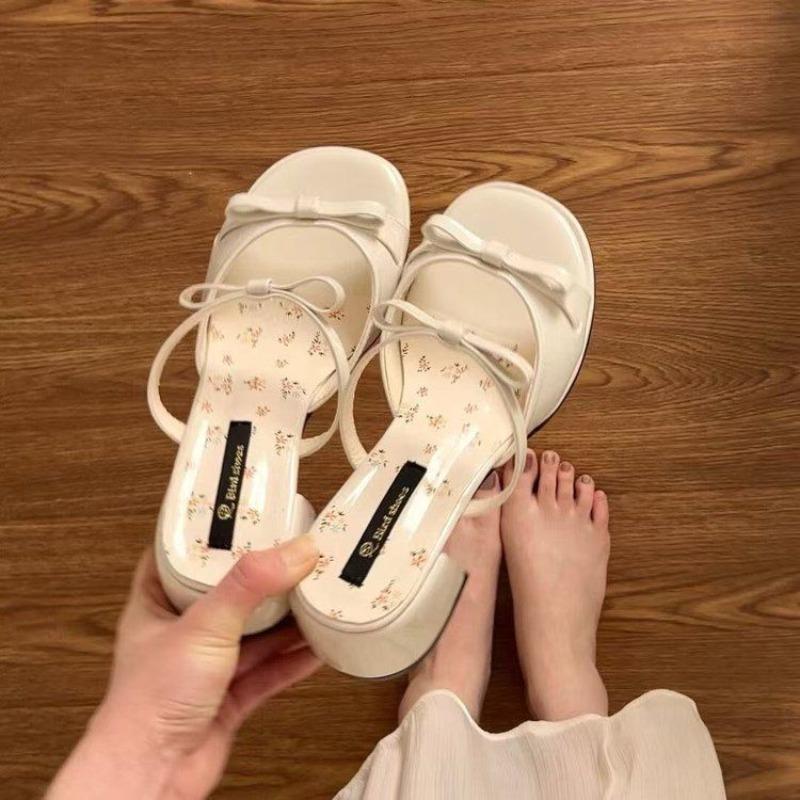One word with sandals women's summer new thick heel with skirt bow wear high heel cool slippers