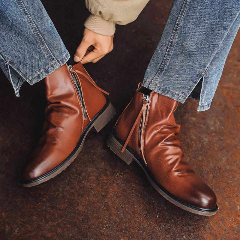 Leather Boots for Men Fashion Chelsea Ankle Boots Side Zip High Top Boot Retro Handmade Leather Boots Men Motorcycle Boot Botas