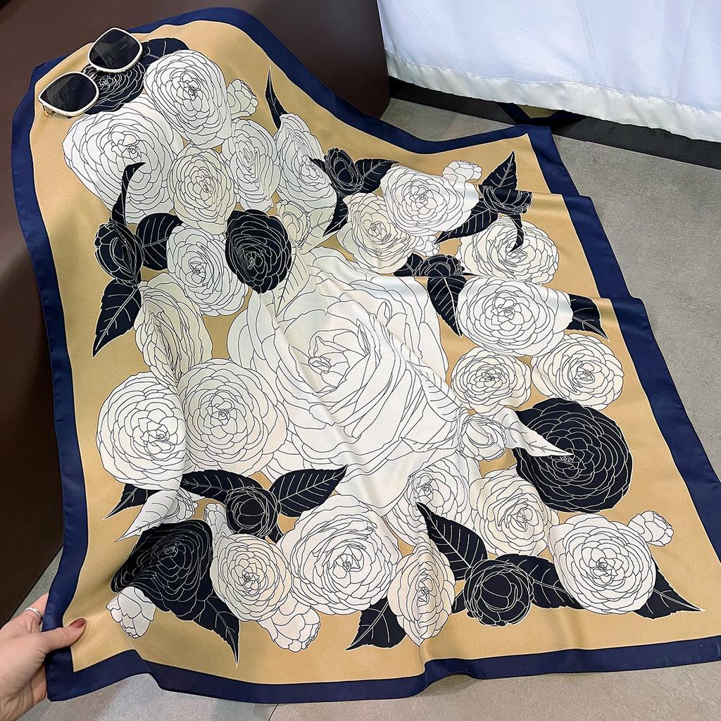 Spring new camellia printing silk scarf decorative binding scarf versatile high-end neck protection windproof breathable square scarf