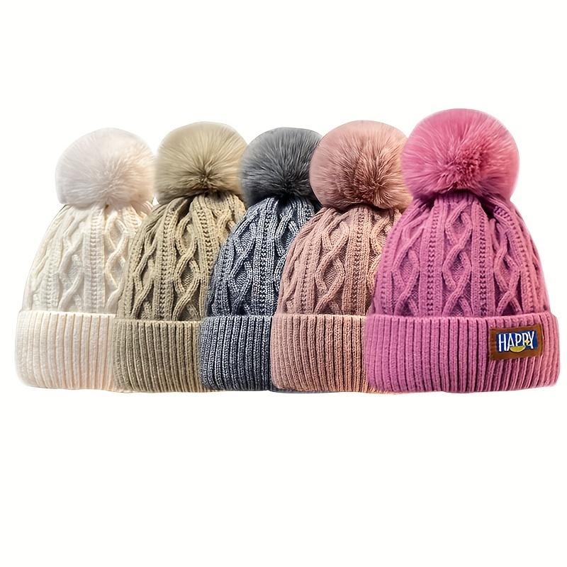 

2025 5 шт. Женские зимние шапки-бини с пушистыми помпонами - Толстые теплые бини, эластичная посадка для холодной погоды, бежевый/белый/черный/серый/ - Формальные наряды